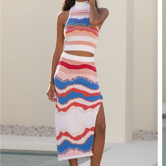 Anthropologie Colorful Striped Knit Midi skirt  size L Large beachy coastal boho - Picture 3 of 5